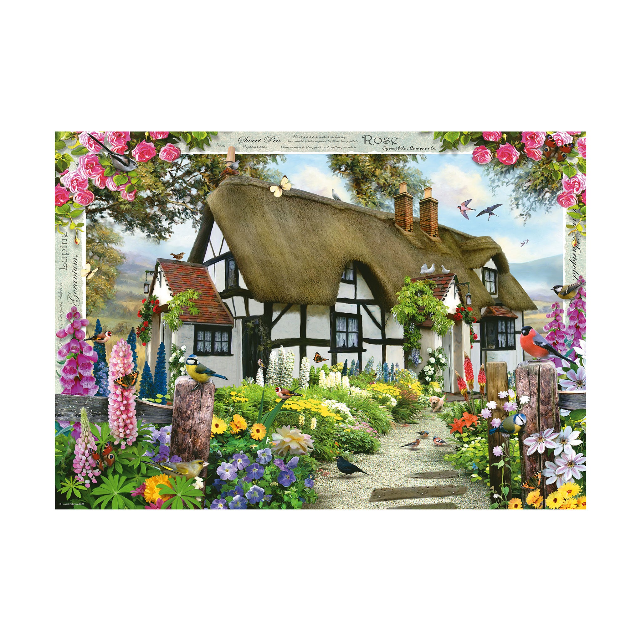 A colorful illustration of a thatched cottage surrounded by flowers and birds, shown on a clean white background.
