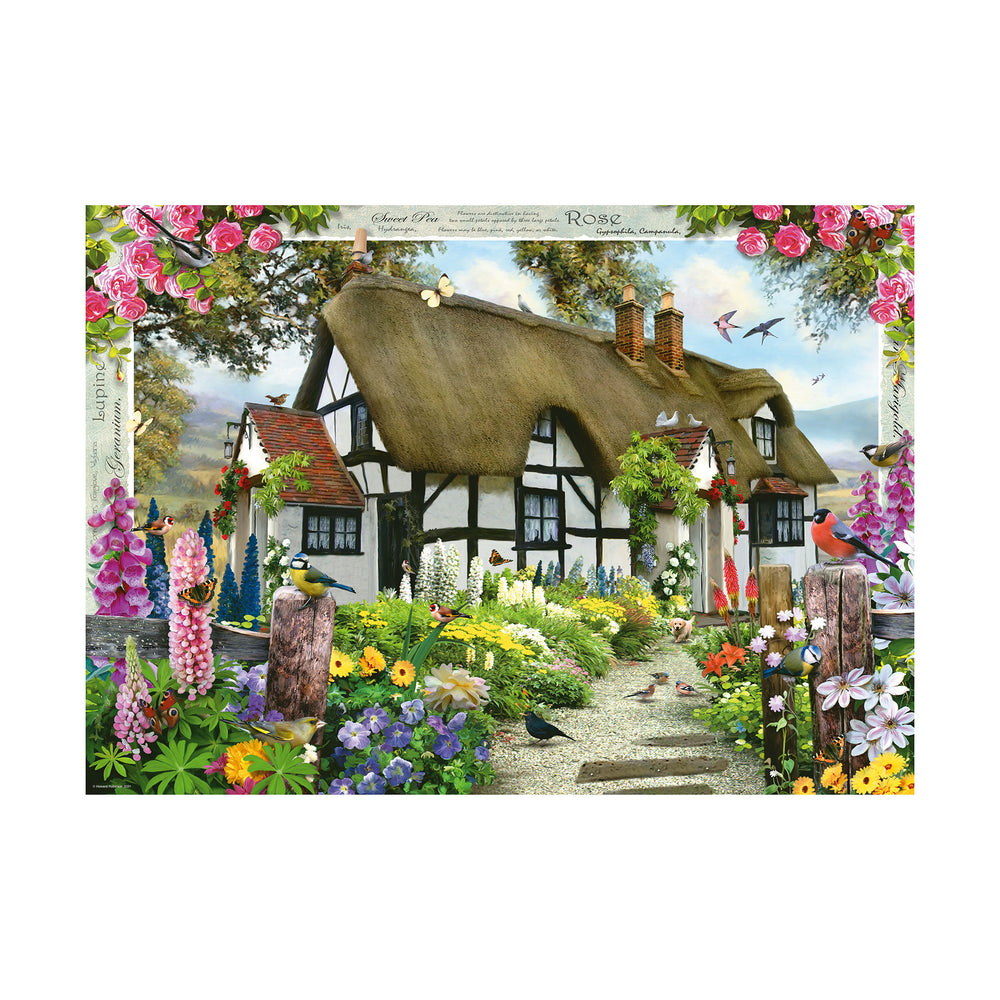 A colorful illustration of a thatched cottage surrounded by flowers and birds, shown on a clean white background.