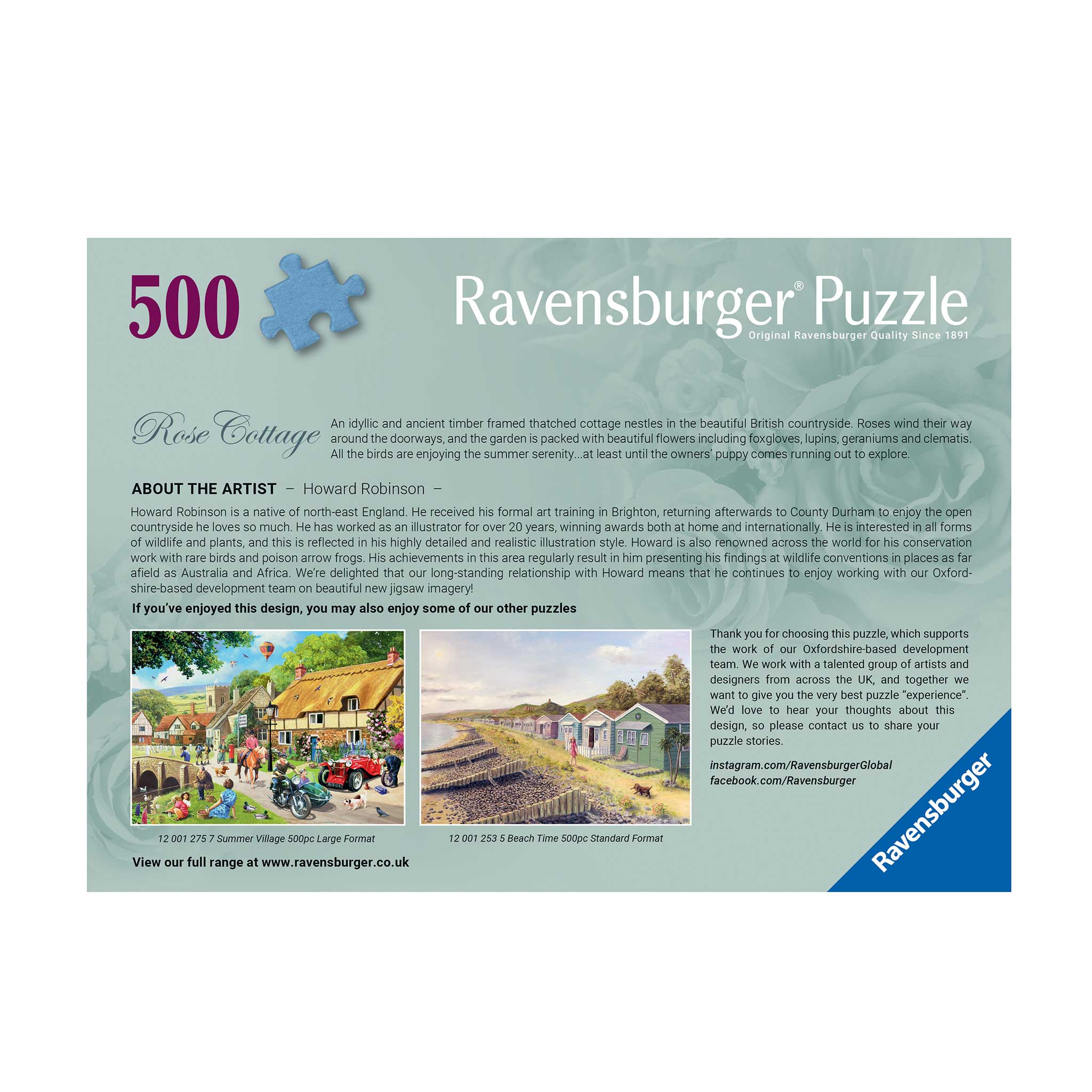 Back of the jigsaw puzzle box with information on the image and the artist.