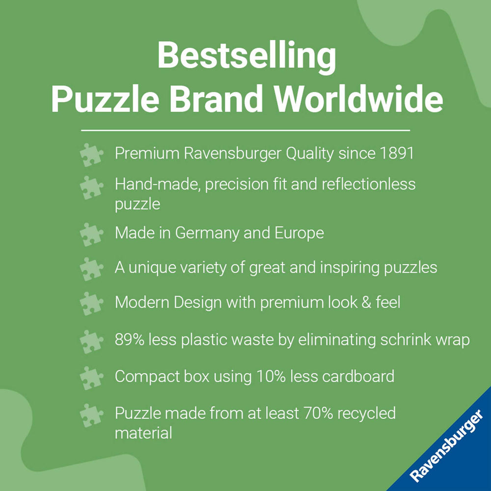 Promotional text about Ravensburger puzzle brand on a green background