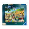 Ravensburger 500-piece jigsaw puzzle box featuring a colorful illustration of a summer village scene with cottages, people, a horse, a red tricycle, and a motorcycle.