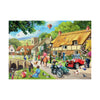 A colorful illustration of a summer village scene with cottages, people, a horse, a red tricycle, and a motorcycle.