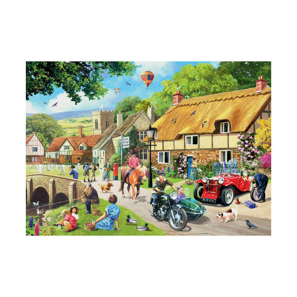 A colorful illustration of a summer village scene with cottages, people, a horse, a red tricycle, and a motorcycle.