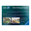 Ravensburger 500-piece jigsaw puzzle box cover for 'Summer Village' by Kevin Walsh, featuring a dark teal background with white text, a blue diagonal brand ribbon, and small colorful lifestyle photos along the bottom.