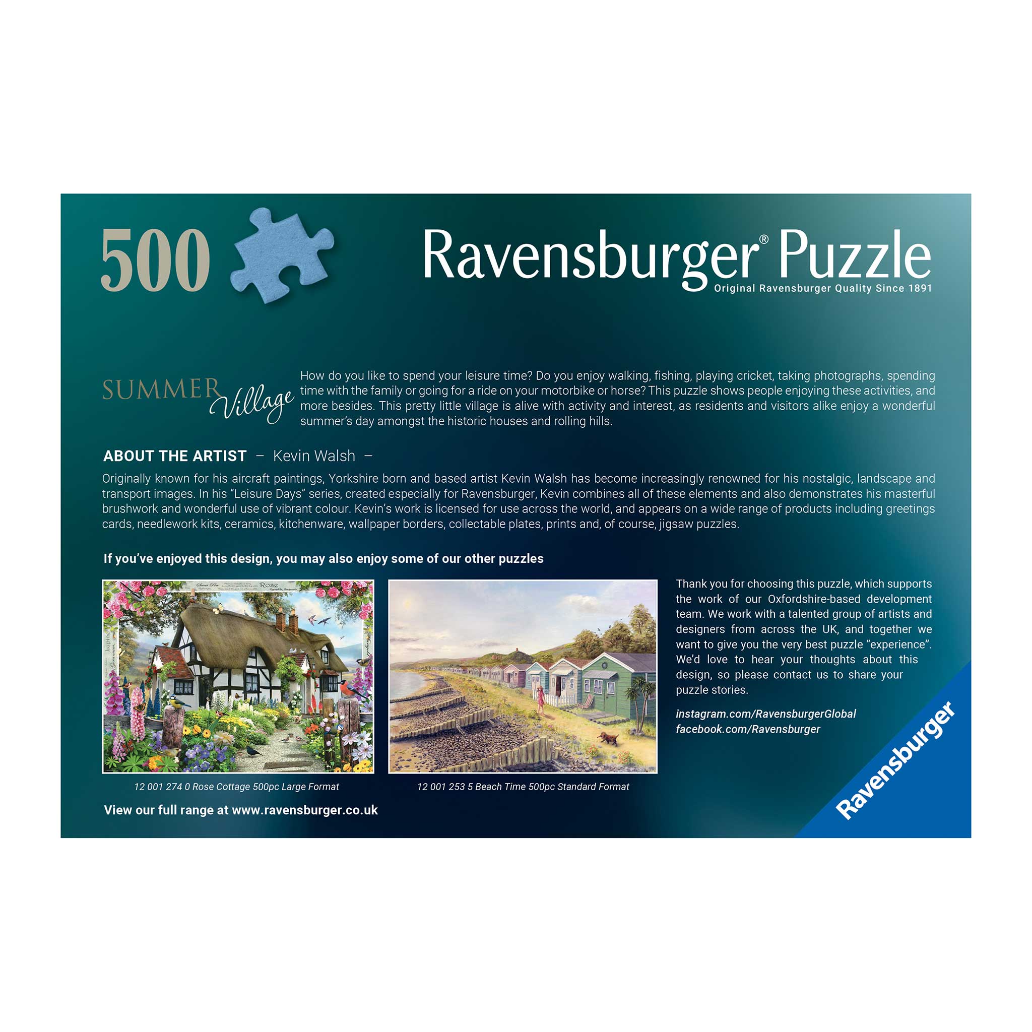 Ravensburger 500-piece jigsaw puzzle box cover for 'Summer Village' by Kevin Walsh, featuring a dark teal background with white text, a blue diagonal brand ribbon, and small colorful lifestyle photos along the bottom.