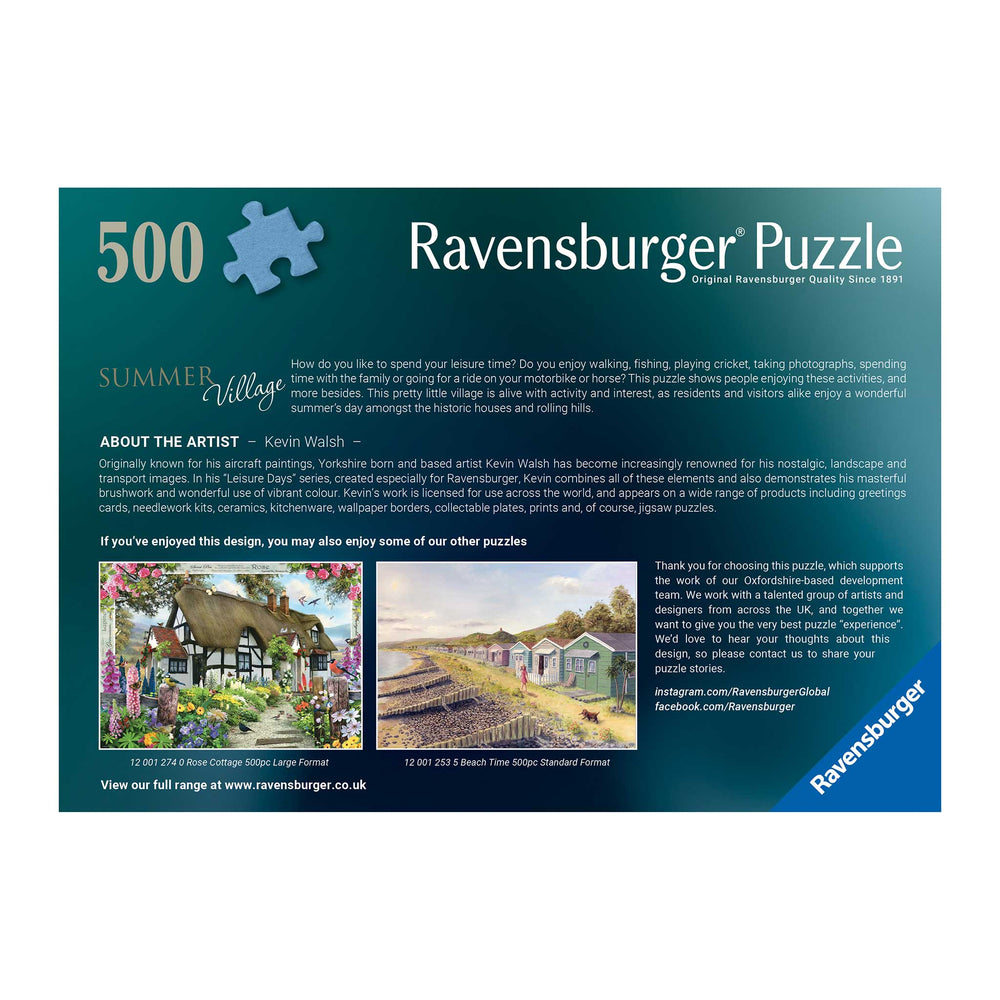 Ravensburger 500-piece jigsaw puzzle box cover for 'Summer Village' by Kevin Walsh, featuring a dark teal background with white text, a blue diagonal brand ribbon, and small colorful lifestyle photos along the bottom.