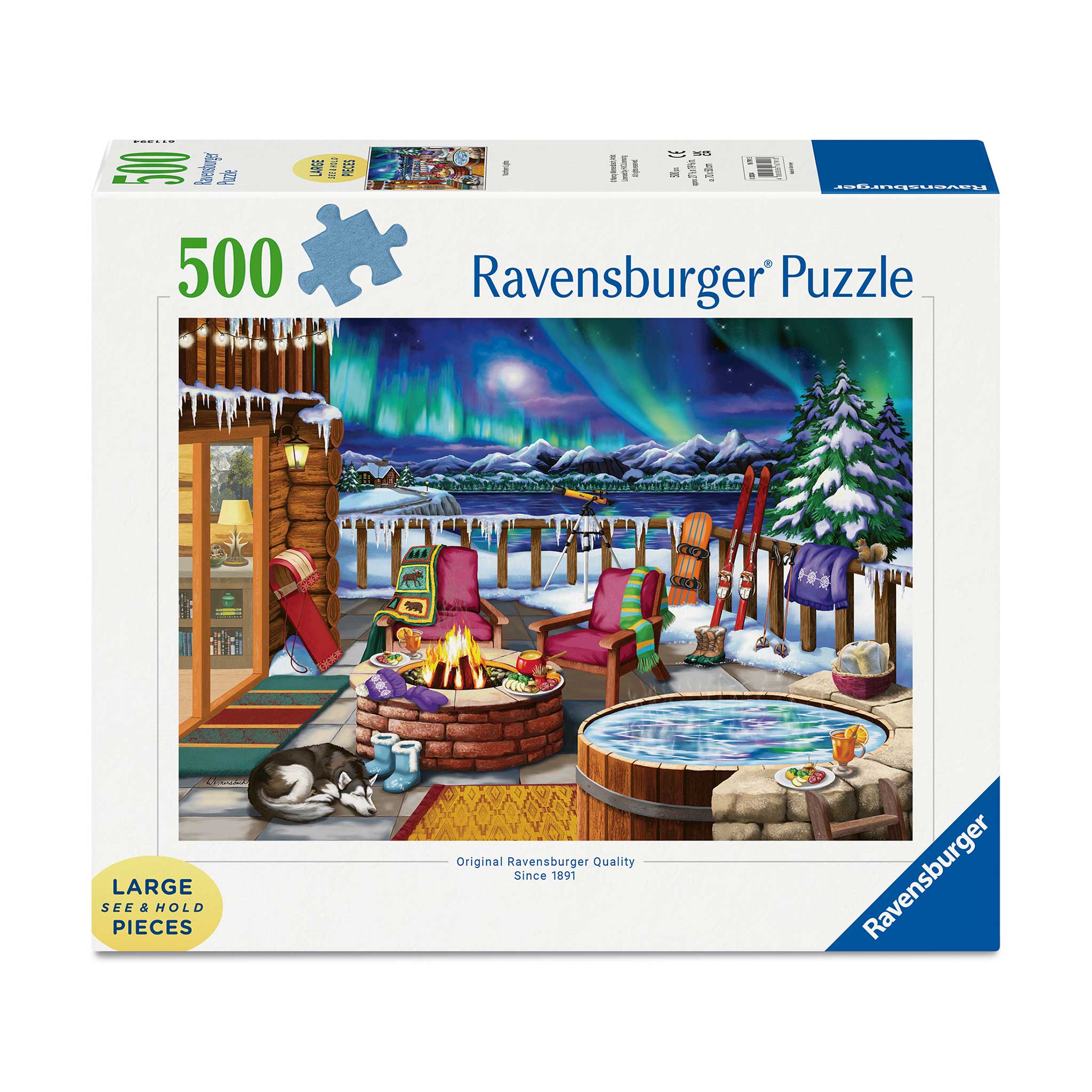 Ravensburger 500-piece jigsaw puzzle box featuring a cozy winter lakeside cabin scene with an aurora borealis sky, snowy mountains, a hot spring, and outdoor furniture.