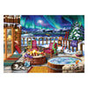 A cozy winter lakeside cabin scene with an aurora borealis sky, snowy mountains, a hot spring, and outdoor furniture.