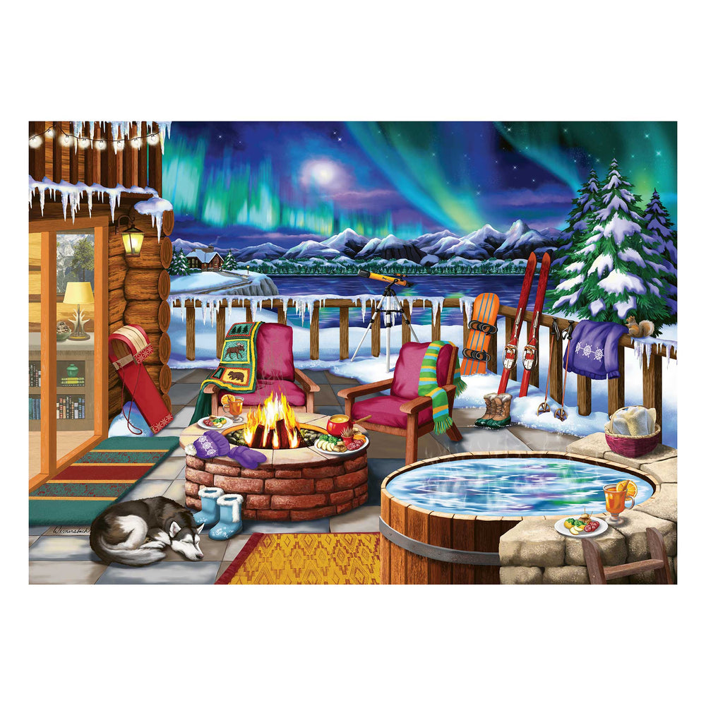 A cozy winter lakeside cabin scene with an aurora borealis sky, snowy mountains, a hot spring, and outdoor furniture.