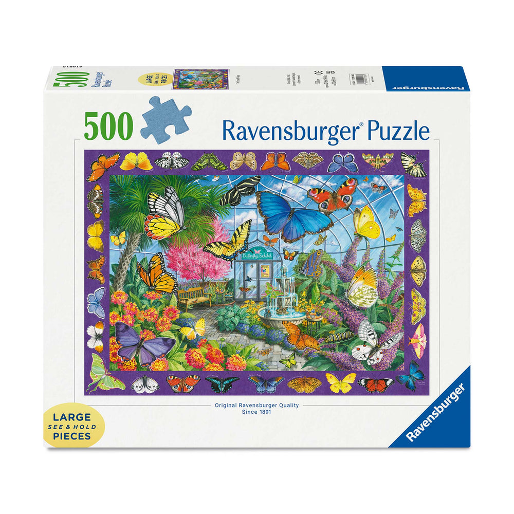 Ravensburger 500-piece jigsaw puzzle box featuring a colorful butterfly garden illustration on the front, photographed on a clean white background.