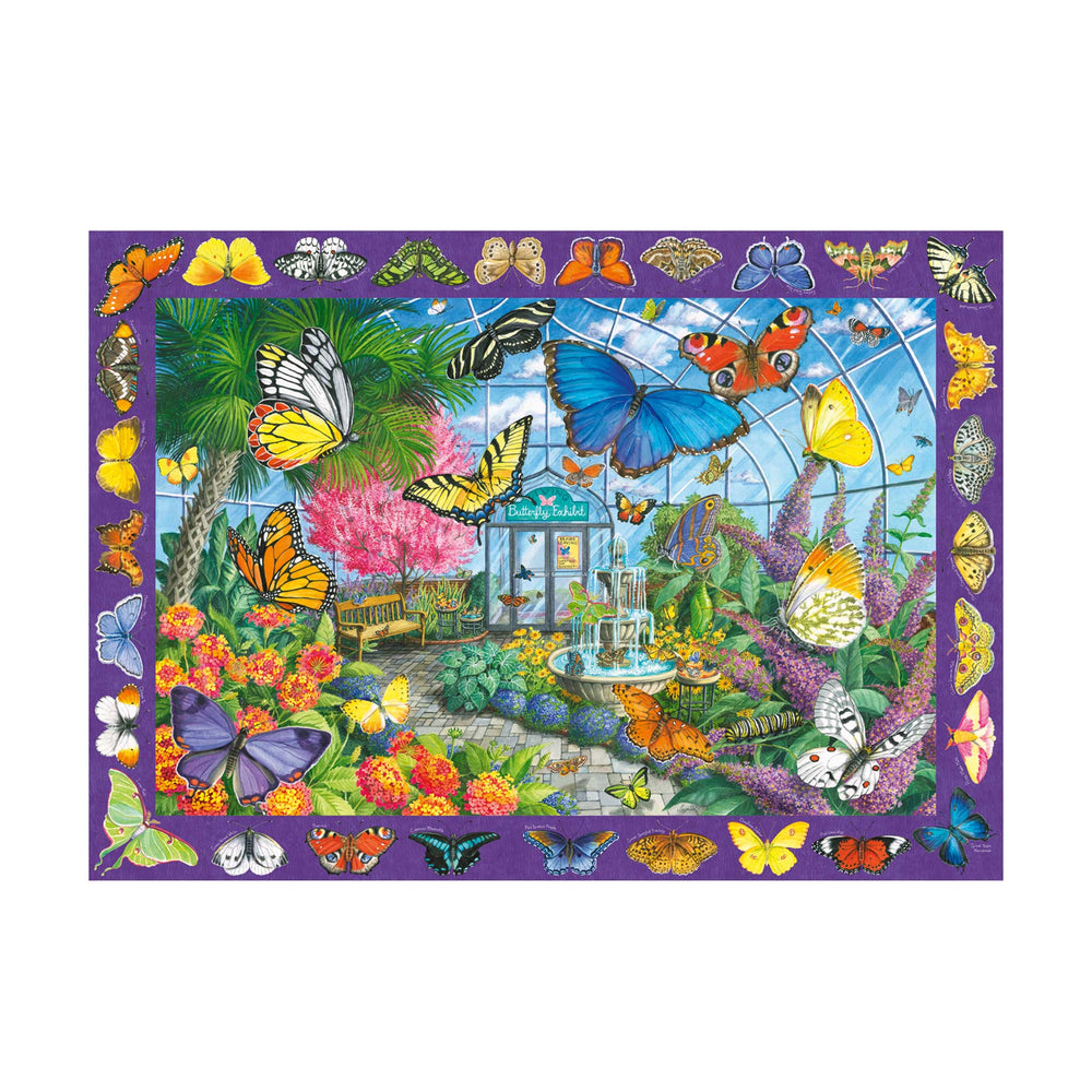 A colorful butterfly garden illustration on the front, photographed on a clean white background.