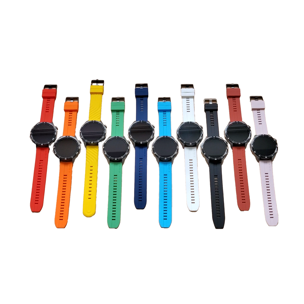 Row of watches with colorful straps on a white background