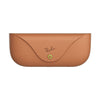 A tan pebbled leather Ray-Ban glasses case with a flap closure and a small green button, shown on a plain white background.
