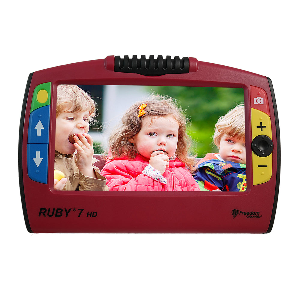 Ruby 7 HD PivotCam portable video magnifier with a picture of three small children on the screen