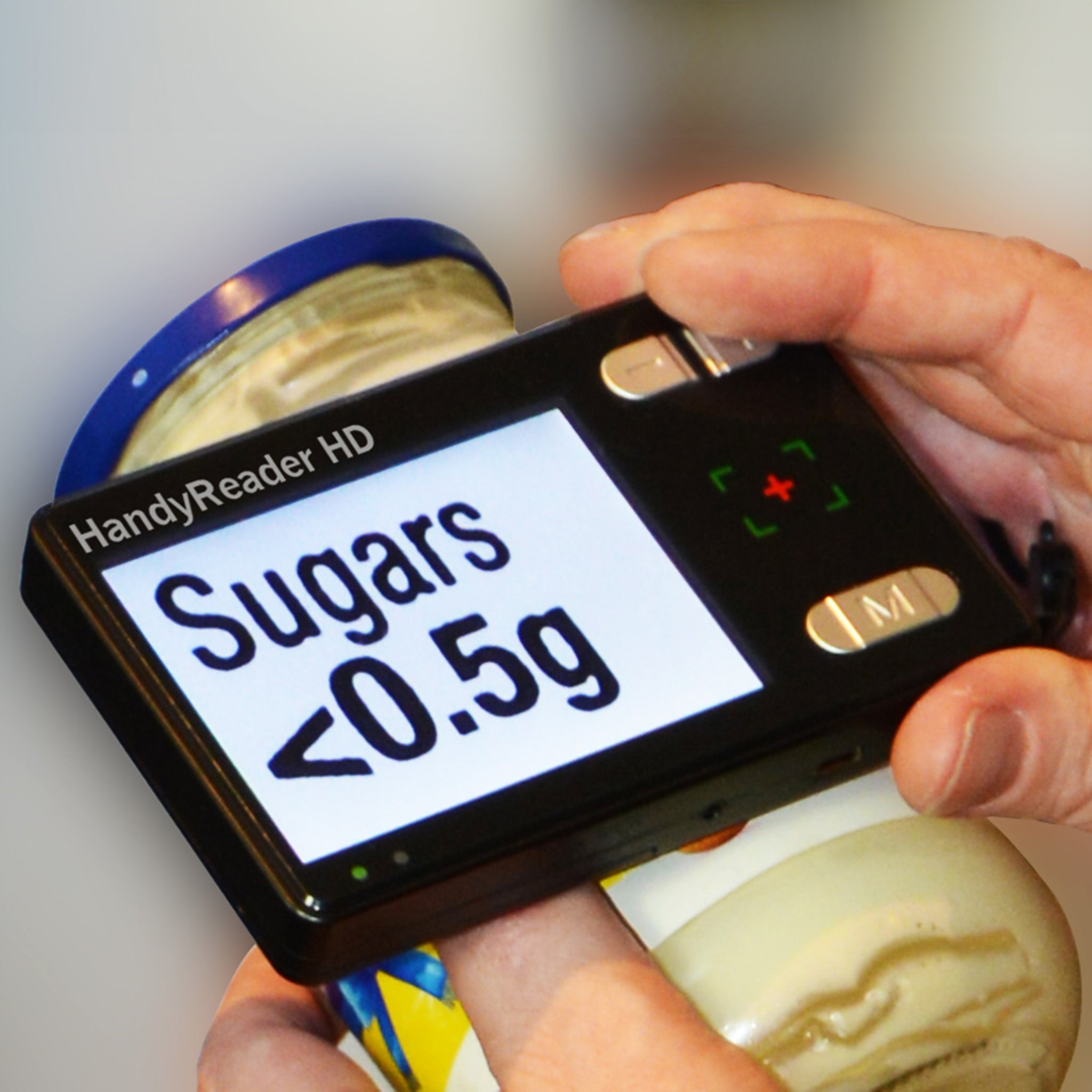 HandyReader HD video magnifier magnifying nutritional information on a jar in black on white format