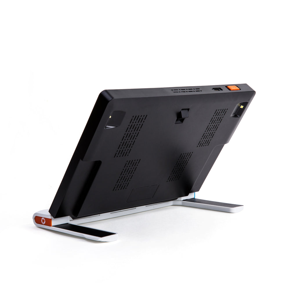 Back view of Clover 10 portable video magnifier including stand