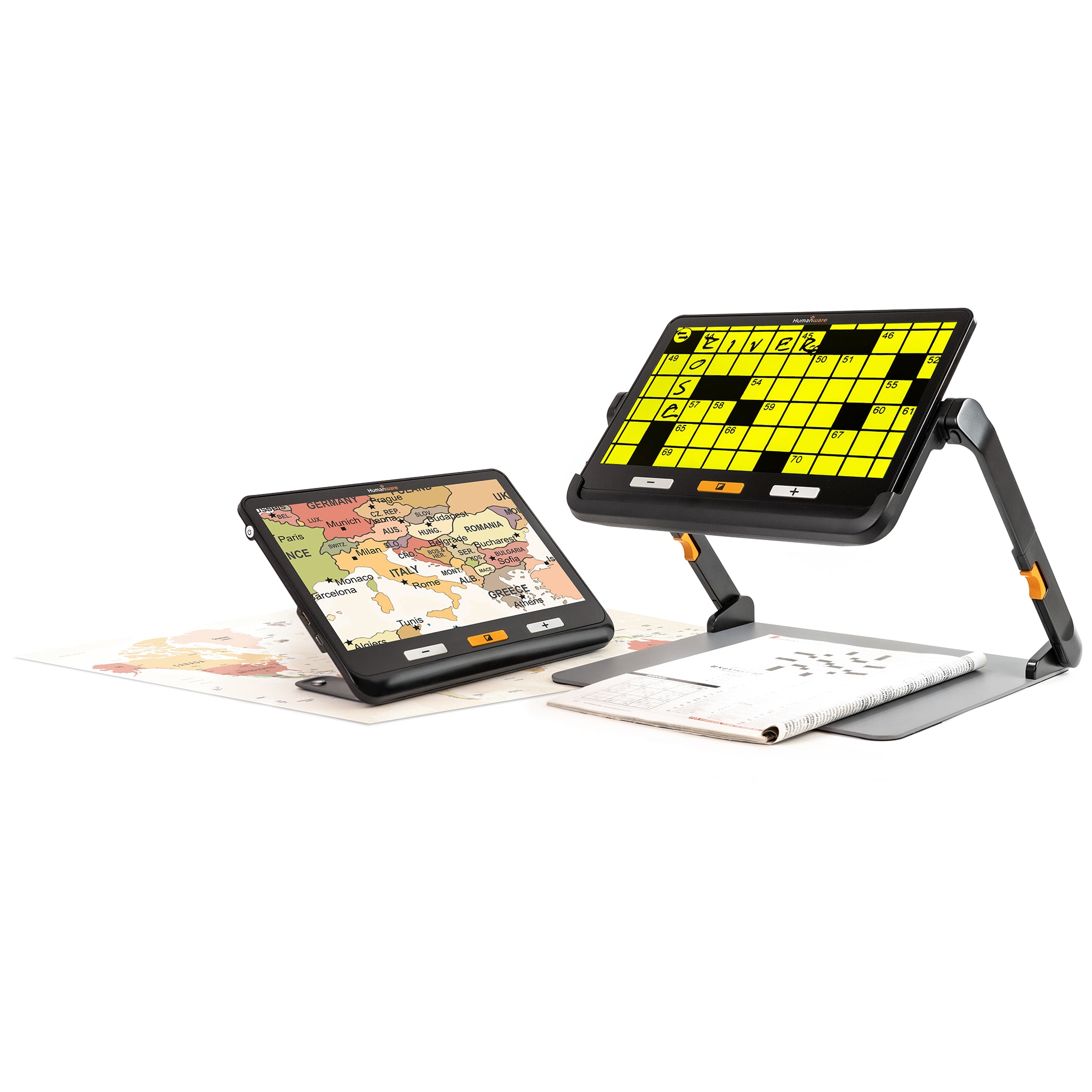 Two magnifiers, one propped over a map of southern Euope, the other on  a writing stand allowing a crossword to be completed. The crossword is shown with black on yellow magnification.
