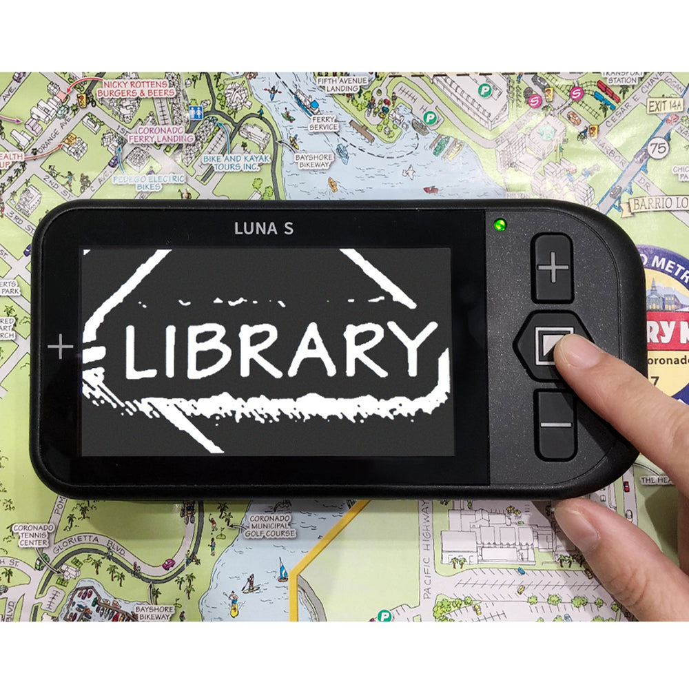 Luna S portable video magnifier magnifying a city map in white on black format