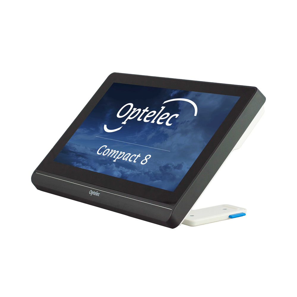 Angled view of a Compact 8 HD showing a high altitude view of clouds and the product logo