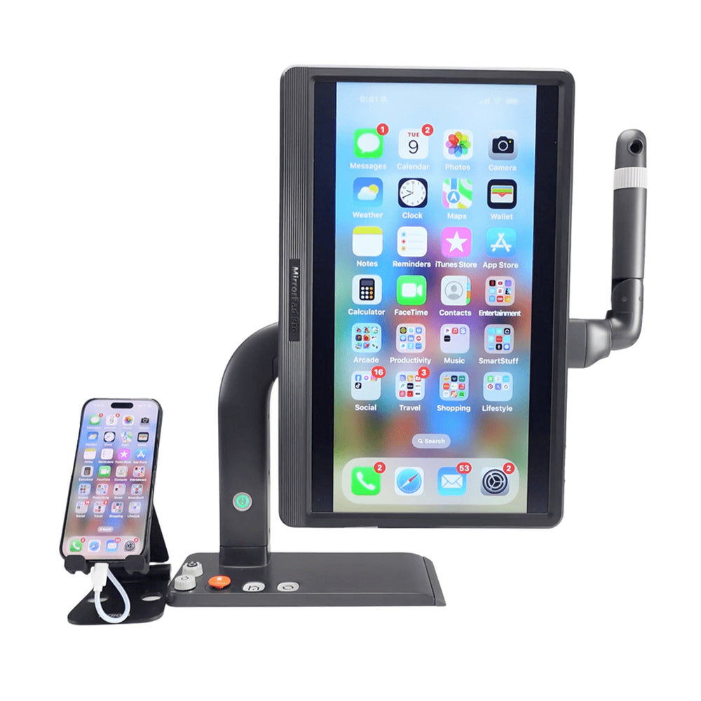 A black tablet display stand with an adjustable arm and a second phone docked on the base, shown against a plain white background. The main tablet screen displays various app icons.