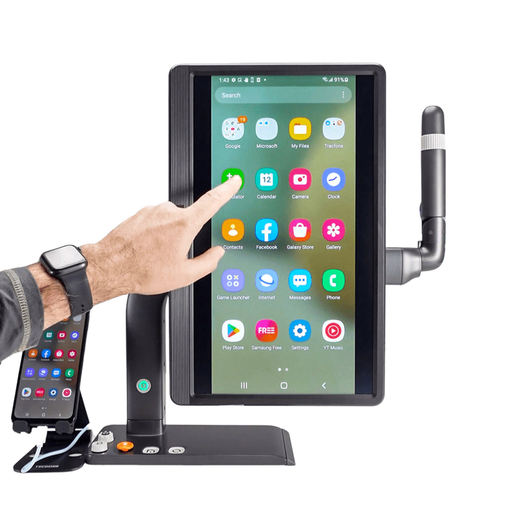 Digital magnifier with a tablet displaying app icons on a white background