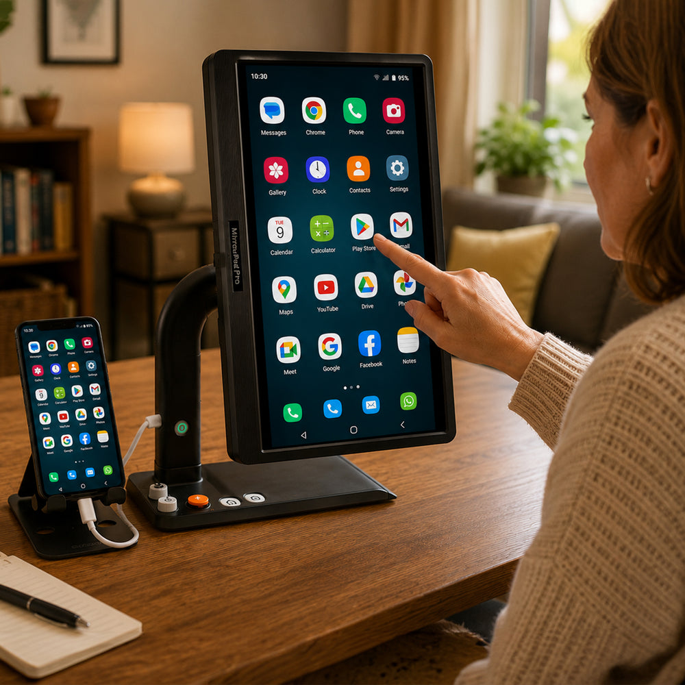 A woman at a wooden desk uses a large tablet mounted on a black stand, with a smartphone on a small stand beside it in a home office setting.