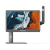 A MirrorPad monitor with a dark gray stand and arm, displaying a coastal ocean and orange cliffside wallpaper. The MirrorPad logo is visible on the bottom bezel.