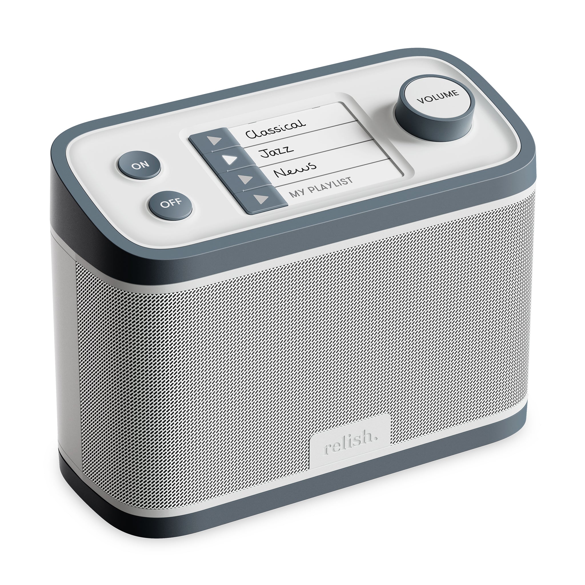 Relish Radio & Music Player showing the on and off buttons along with volume control.