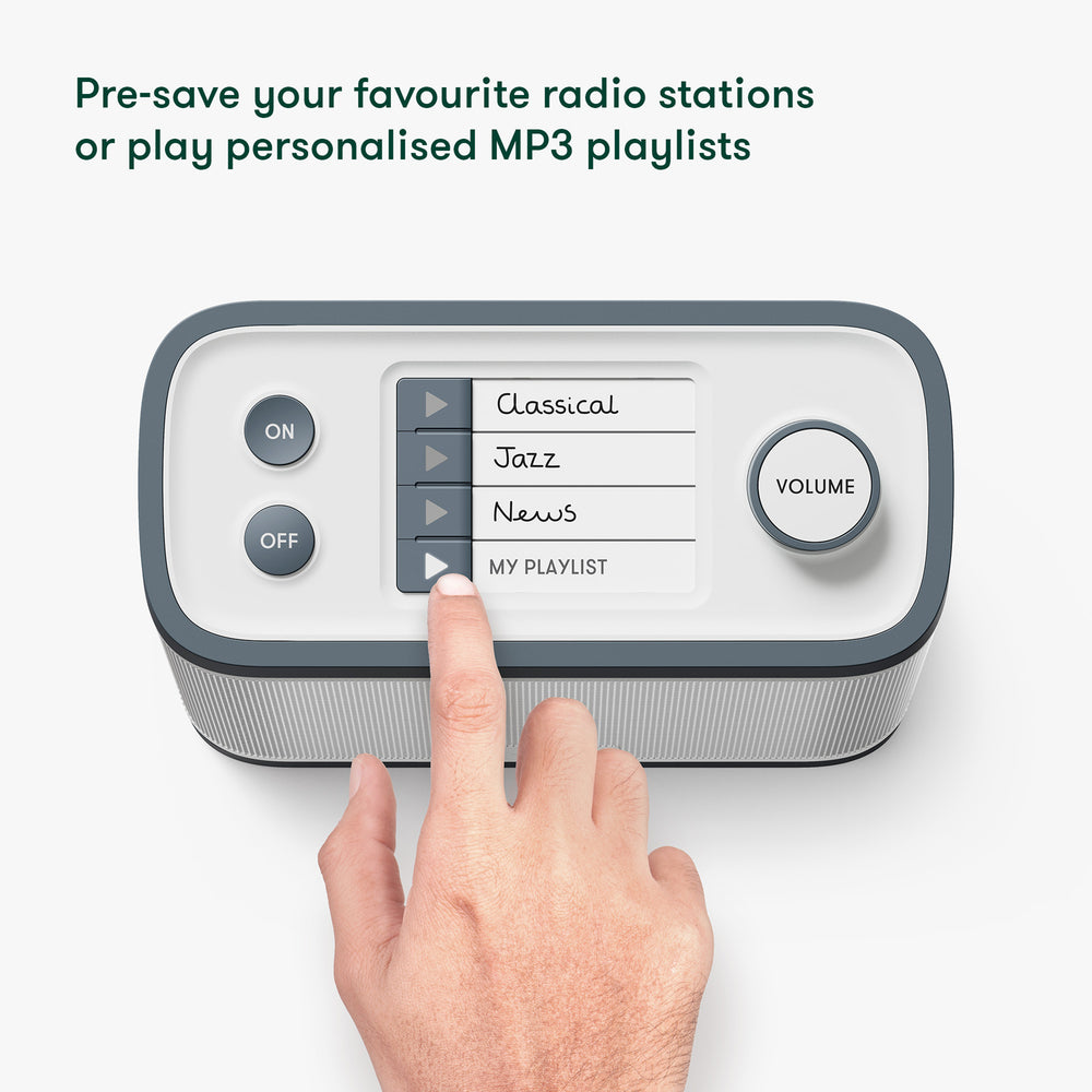 Relish Radio & Music Player with buttons and a hand pressing a button on a white background.