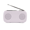 A small portable radio with an extendable metal antenna, featuring two circular speaker grilles on a white background.