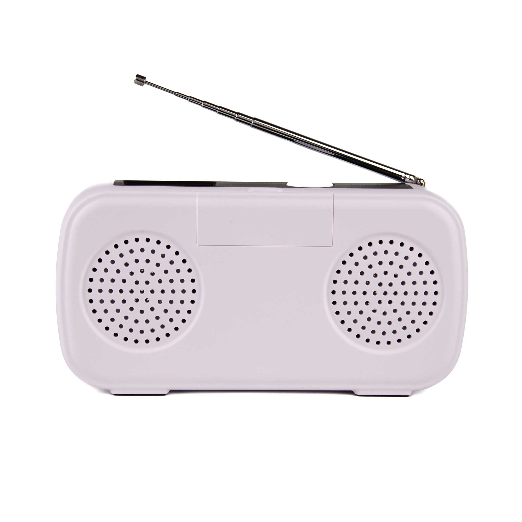 A small portable radio with an extendable metal antenna, featuring two circular speaker grilles on a white background.