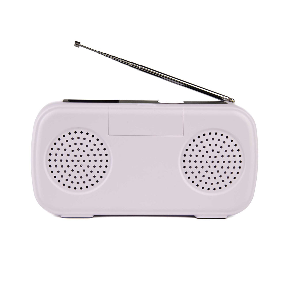 A small portable radio with an extendable metal antenna, featuring two circular speaker grilles on a white background.