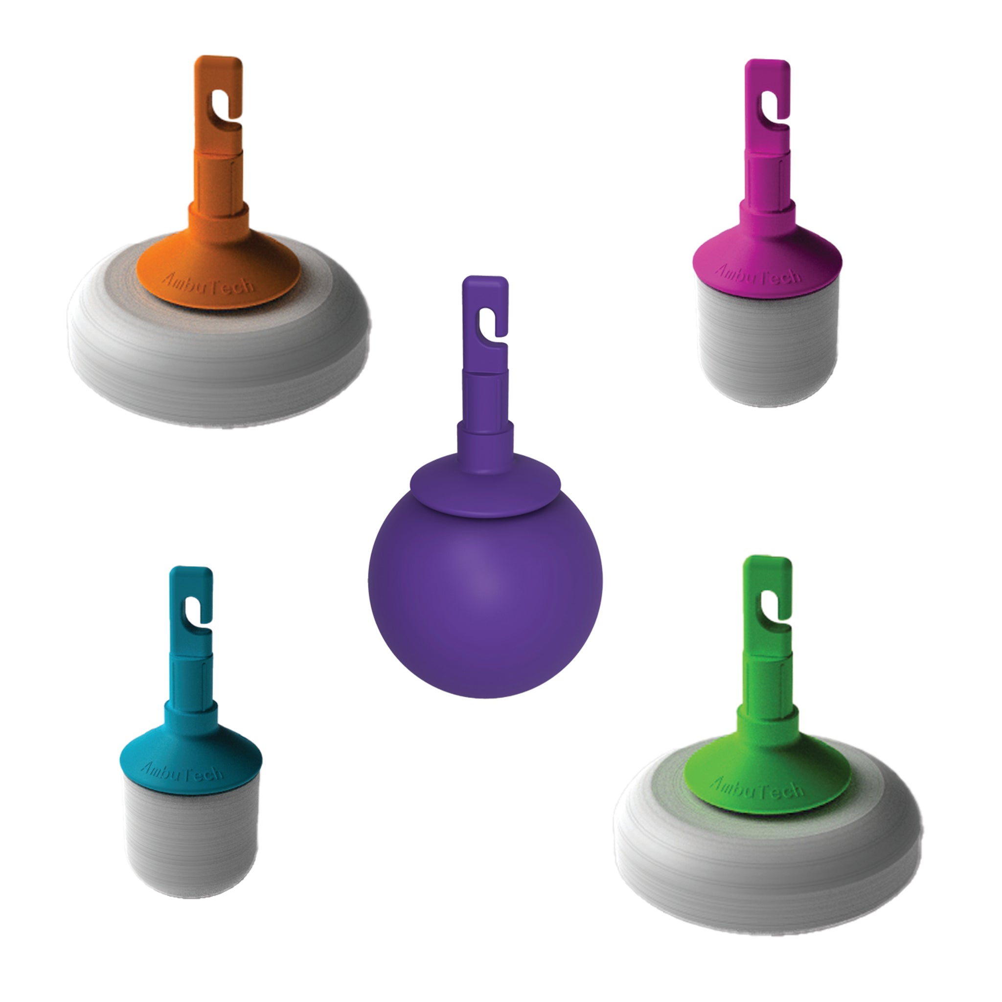 Five Hi-lite coloured tips, four white tips with brightly coloured caps around a hook-style rolling ball tip with purple rolling ball and purple cap.