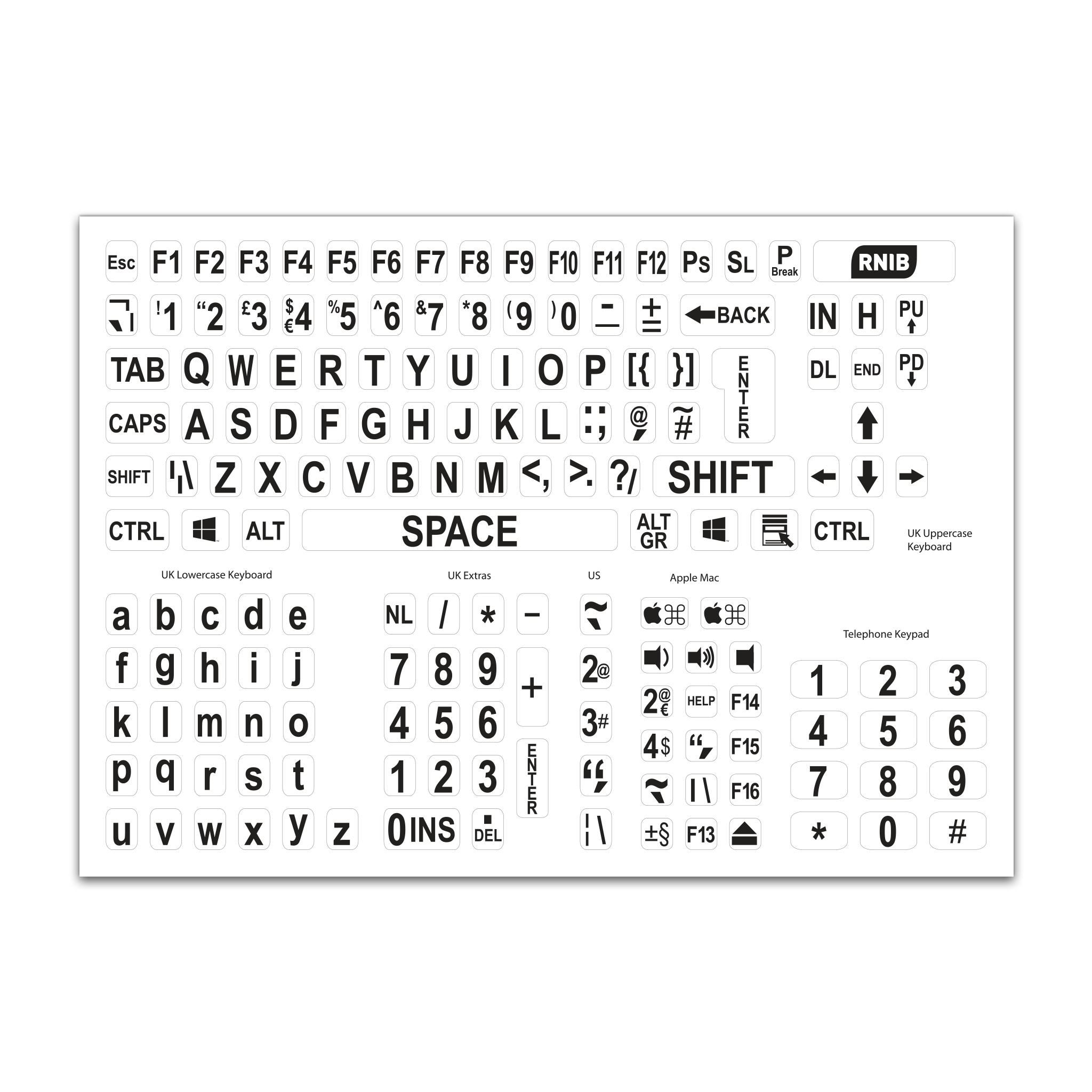 Sheet of white keyboard stickers with large print black characters