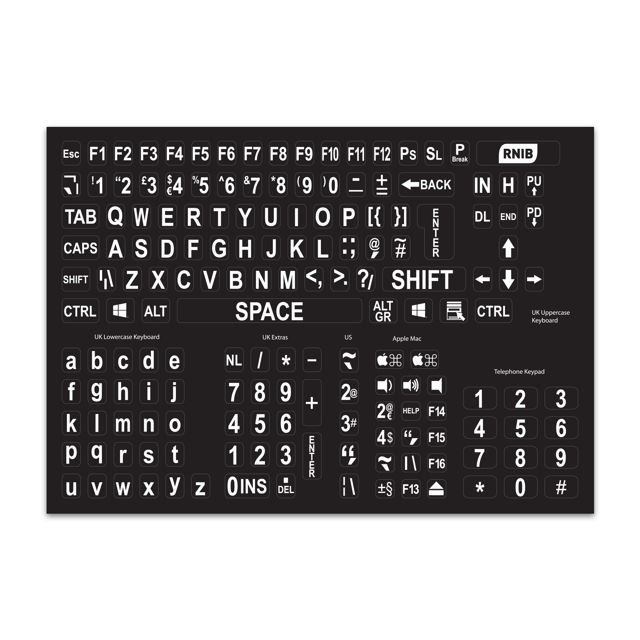 Sheet of black keyboard stickers with large print white characters