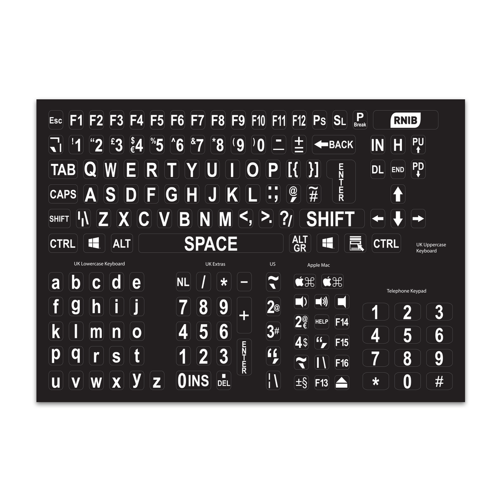 Sheet of black keyboard stickers with large print white characters