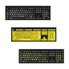 Three large print keyboards. Top left white text on black ; middle; black text on yellow; bottom right yellow text on black.