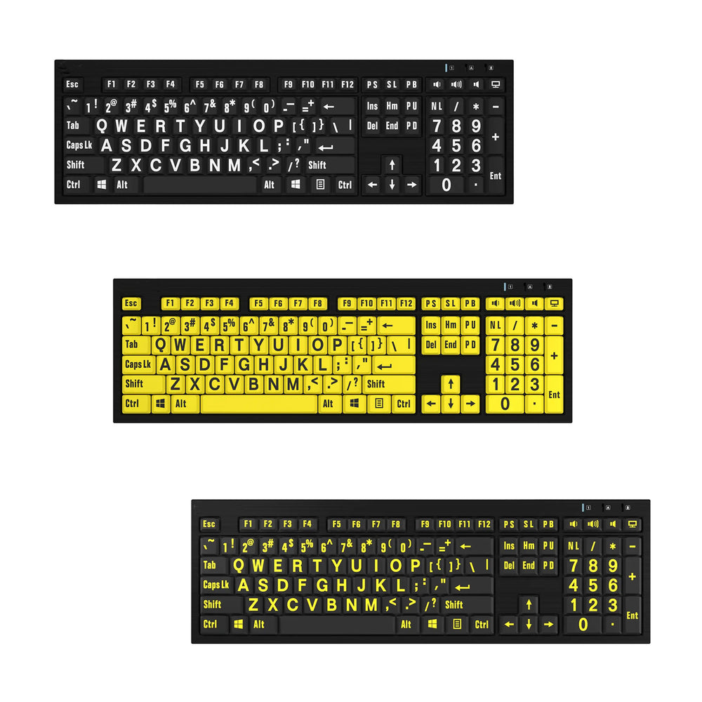 Three large print keyboards. Top left white text on black ; middle; black text on yellow; bottom right yellow text on black.