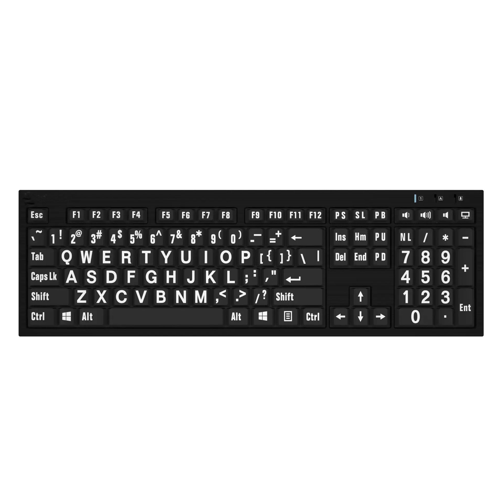 Overhead view of white text on black keyboard
