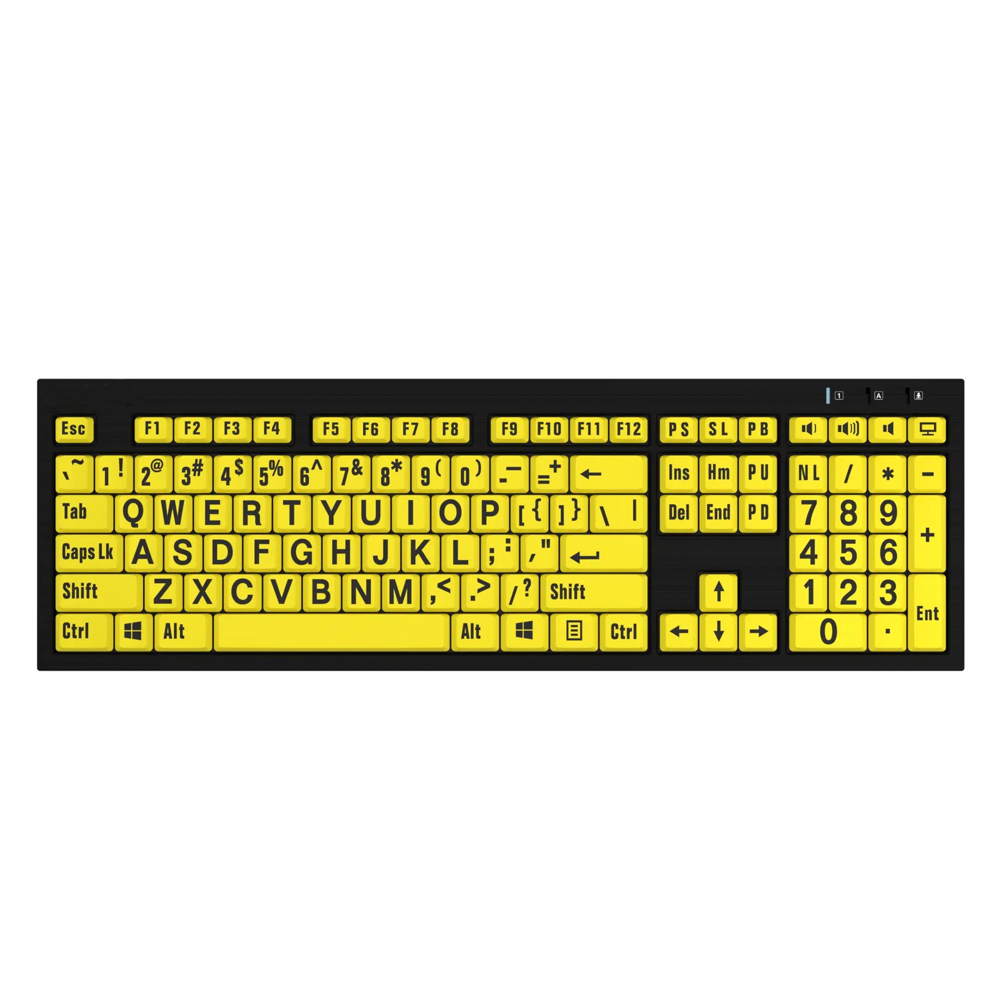 Overhead view of black text on yellow keyboard