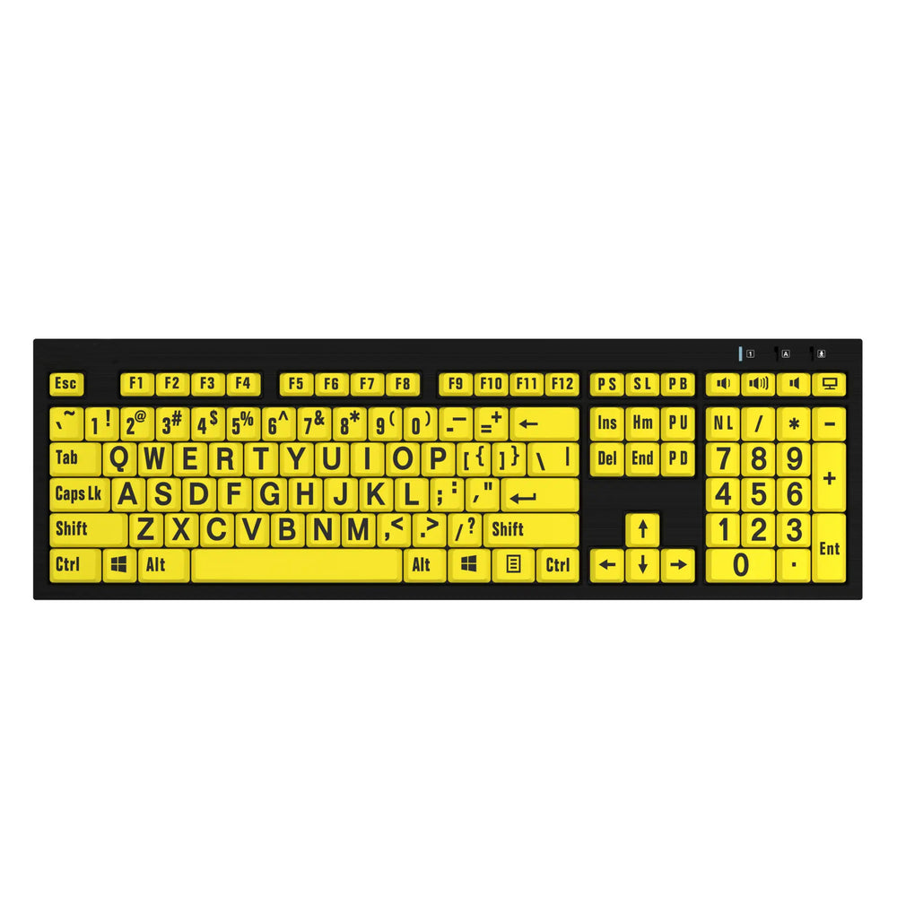 Overhead view of black text on yellow keyboard