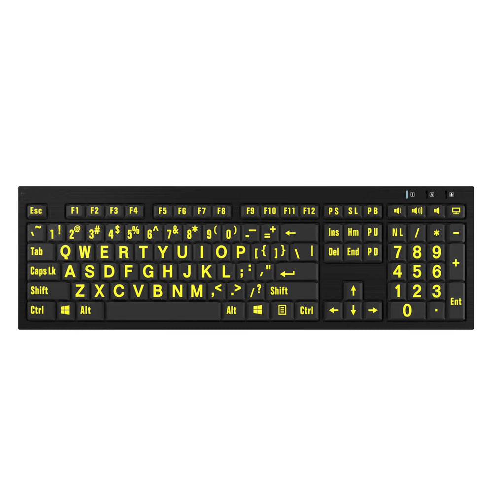 Overhead view of yellow text on black keyboard