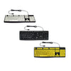 All three colour variants of the large print keyboard arranged in a diagonal. White on black at the top, black on white in the middle, black on yellow at the bottom.