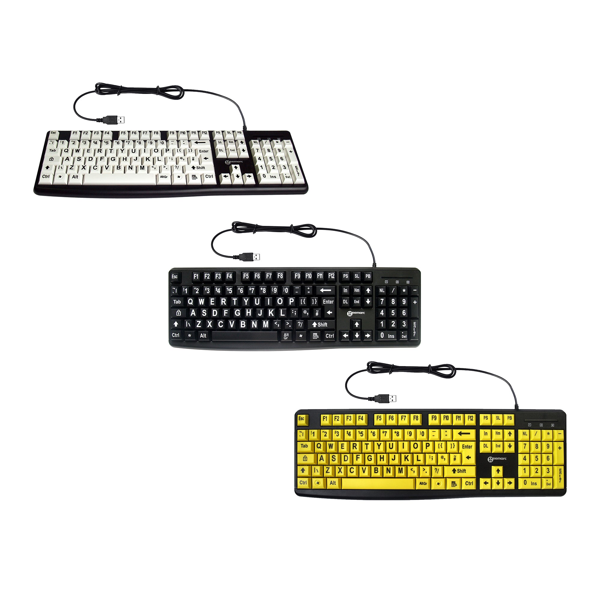 All three colour variants of the large print keyboard arranged in a diagonal. White on black at the top, black on white in the middle, black on yellow at the bottom.