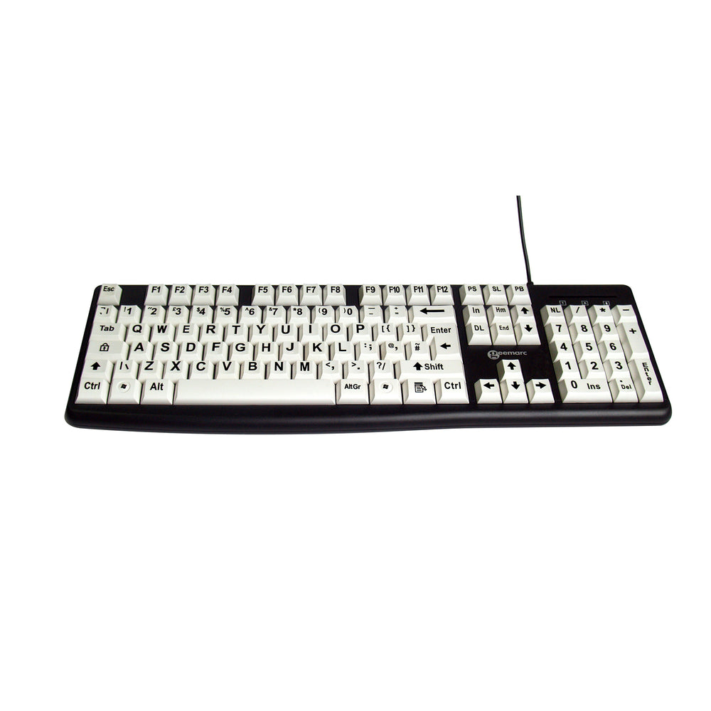 Keyboard with large black letters on white keys