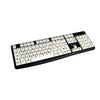 Keyboard with large black letters on white keys, angled to the left