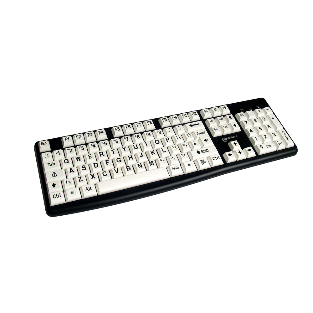 Keyboard with large black letters on white keys, angled to the left