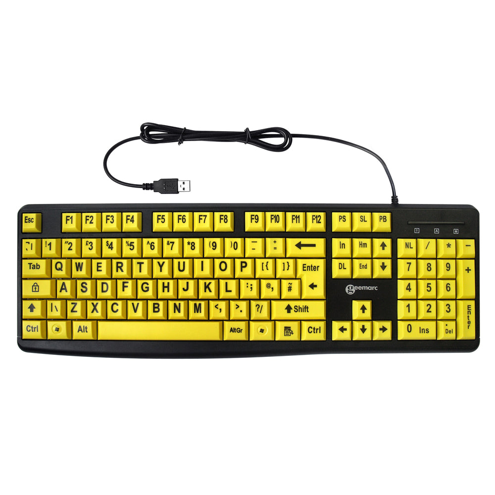 Keyboard with large black letters on yellow keys
