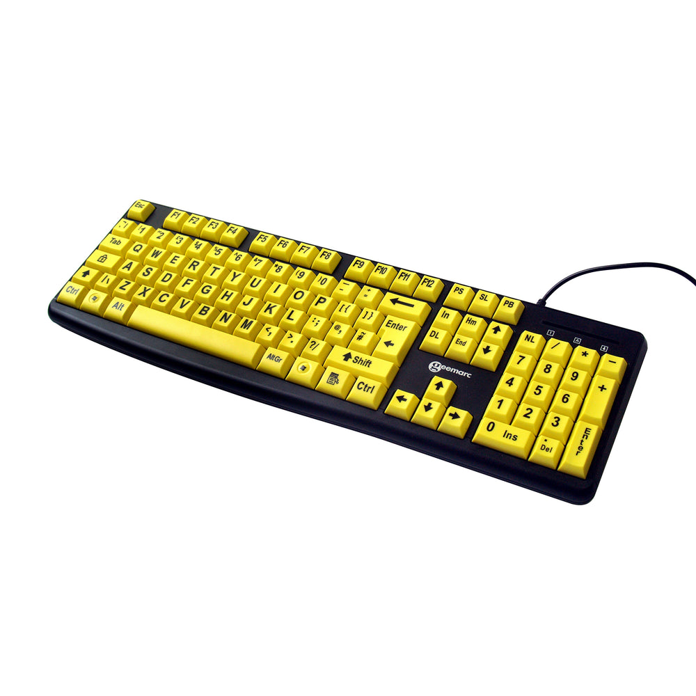 Keyboard with large black letters on yellow keys, angled to the right