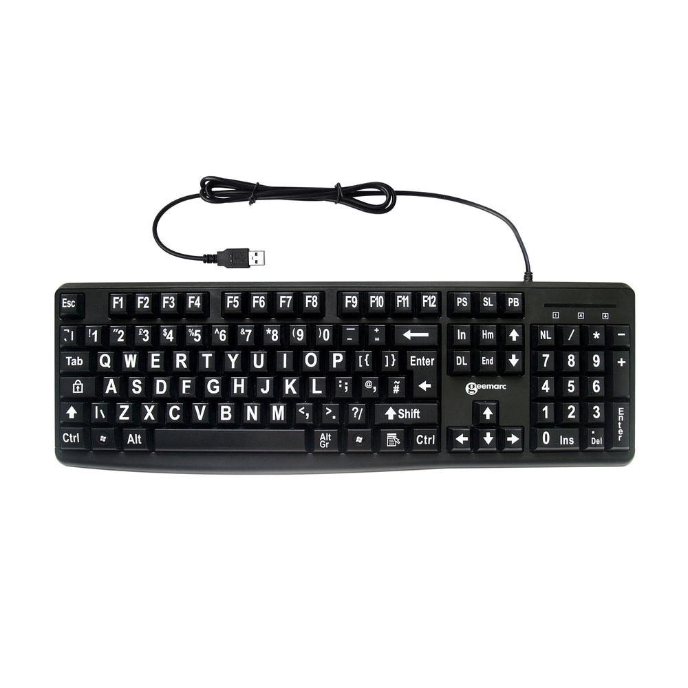 Keyboard with large white letters on black keys